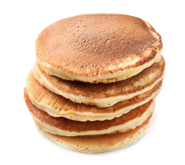 Stack of tasty homemade pancakes on white background