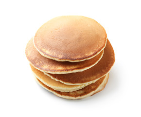 Stack of tasty homemade pancakes on white background