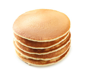 Stack of tasty homemade pancakes on white background