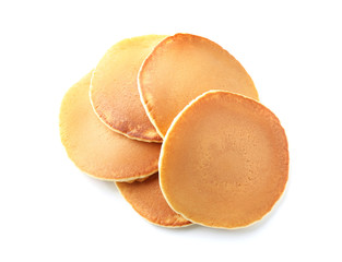 Tasty pancakes on white background