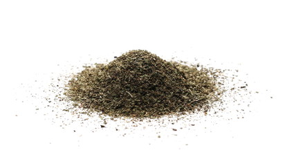 Pile of dried oregano spice, leaves isolated on white background