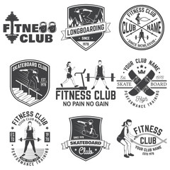 Set of fitness and skate board club concept with girls doing exercise and skateboarder silhouette. Vector