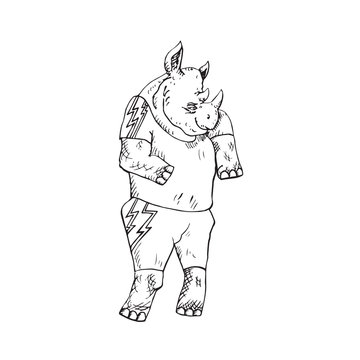 Rhino character in fancy clothing, hand drawn doodle, sketch, black and white vector outline illustration
