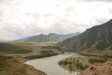 mountains, landscape, nature, waterfall, view, sky, air, oxygen, autumn, season, grass, trees, blue, yellow, sand, stone, gray, brown, water, river, rocks, rock, blue, Altai, Russia, red, orange, leav