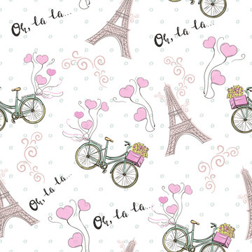 Paris theme seamless pattern with bicycle and Eiffel tower