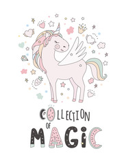 Unicorn vector sweet cute illustration. Magic fantasy design. Cartoon rainbow animal isolated horse. Fairytale unicorn print poster.