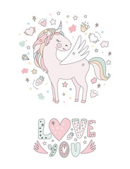 Fototapeta na wymiar Unicorn vector sweet cute illustration. Magic fantasy design. Cartoon rainbow animal isolated horse. Fairytale unicorn print poster.