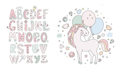 Unicorn vector sweet cute illustration. Magic fantasy design. Cartoon rainbow animal isolated horse. Fairytale unicorn print poster. © kris_art