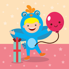 birthday card illustration with kids in bird costume