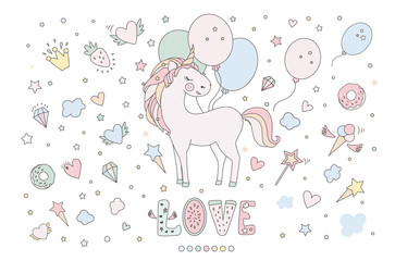 Unicorn vector sweet cute illustration. Magic fantasy design. Cartoon rainbow animal isolated horse. Fairytale unicorn print poster.