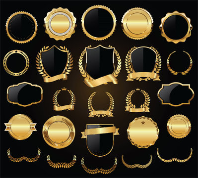 Golden shields laurel wreaths and badges vector collection