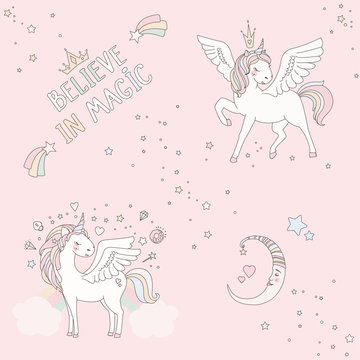 Fototapeta Unicorn vector sweet cute illustration. Magic fantasy design. Cartoon rainbow animal isolated horse. Fairytale unicorn print poster.