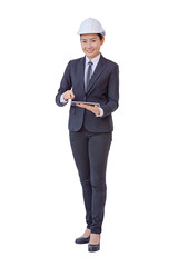 young business woman in suit and protective helmet is using a cellphone. isolated background with clipping path