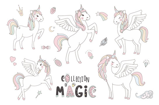 Unicorn vector sweet cute illustration. Magic fantasy design. Cartoon rainbow animal isolated horse. Fairytale unicorn print poster.