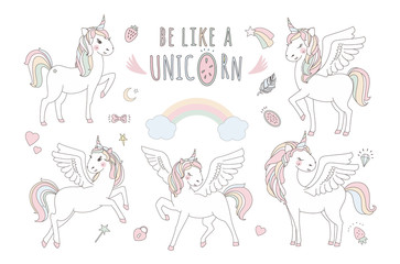 Unicorn vector sweet cute illustration. Magic fantasy design. Cartoon rainbow animal isolated horse. Fairytale unicorn print poster. © kris_art