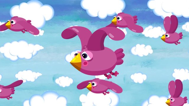 Cartoon title background. Sweet birds are flying in the sky. Long seamless loop. They are sweet and happy. Maybe they are flying to Africa. 