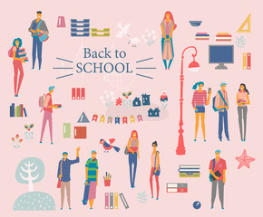 Fototapeta na wymiar Schoolgirls and schoolboys with books, backpacks and school bags. Back to school vector poster in flat style. Happy and smiling teenagers. 