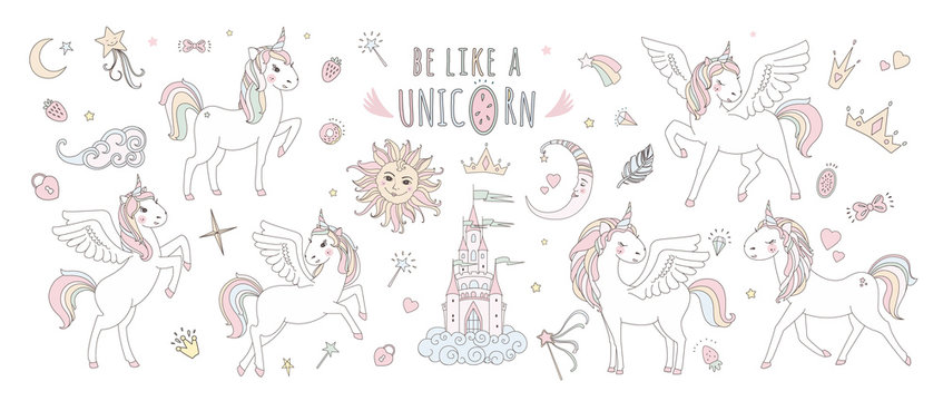 Naklejka Unicorn vector sweet cute illustration. Magic fantasy design. Cartoon rainbow animal isolated horse. Fairytale unicorn print poster.