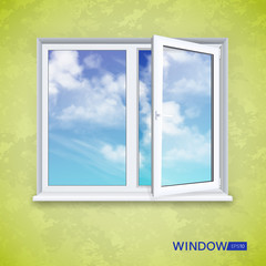 Realistic open square window on the background of wallpaper and sky