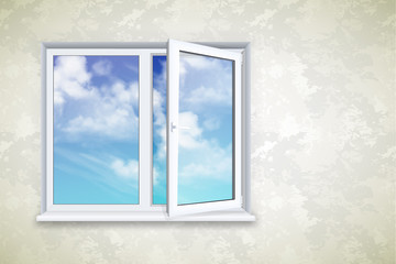 Realistic open square window on the background of wallpaper and sky