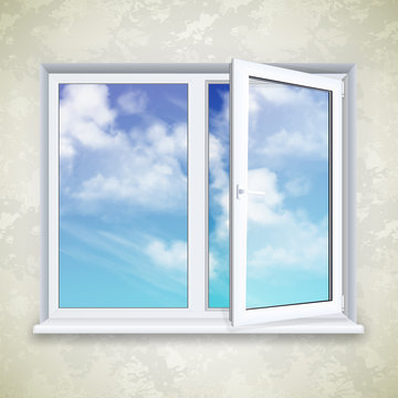 Realistic open square window on the background of wallpaper and sky