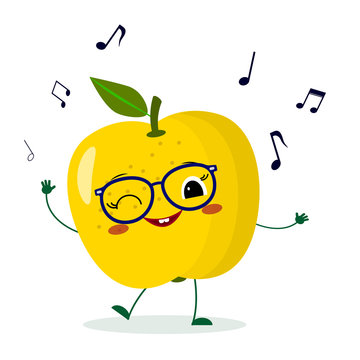 Cute yellow apple cartoon character in glasses dances to music.