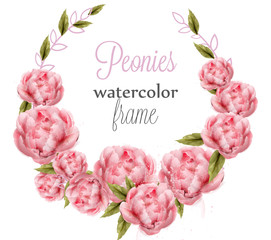 Watercolor pink peonies wreath card Vector. Beautiful floral decors