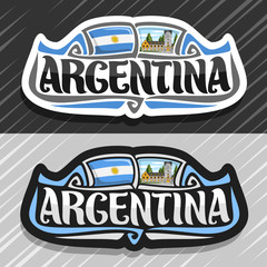 Vector logo for Republic of Argentina, fridge magnet with argentinian flag, original brush typeface for word argentina, argentinian symbol - civic center in San Carlos de Bariloche on sky background.