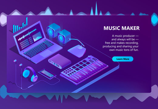 Vector 3d isometric template for site construction. Violet laptop, piano keyboard for music making, creation. Ultraviolet smartphone, headphones with loudspeakers. Portal with audio devices, dj stuff