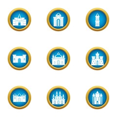 Brick castle icons set. Flat set of 9 brick castle vector icons for web isolated on white background