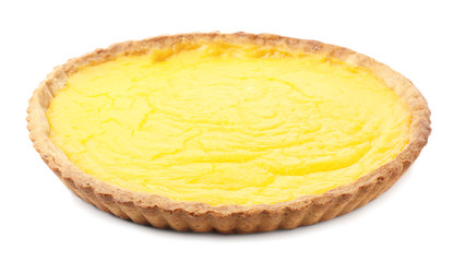 Delicious lemon pie on white background