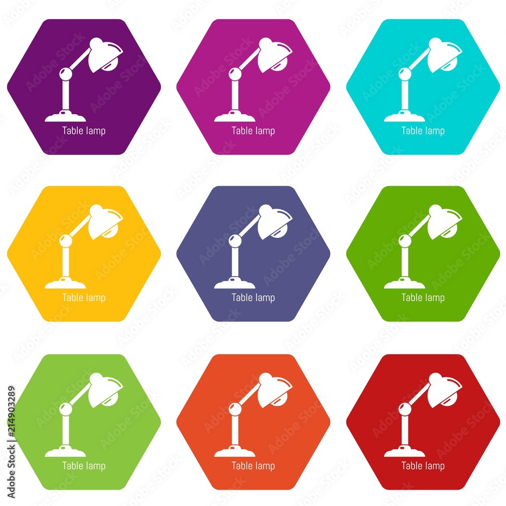 Poster table lamp icons 9 set coloful isolated on white for web
