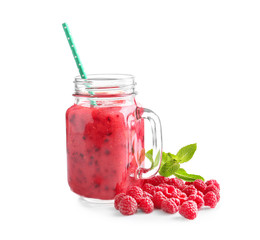 Mason jar with tasty raspberry smoothie on white background