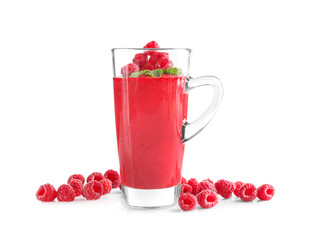 Glass cup with tasty raspberry smoothie on white background