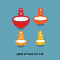 MEASURING SPOON SET
Colorful measuring spoon set, a kitchen utensil, red, orange and yellow measuring spoon are illustrated separately on blue background. 