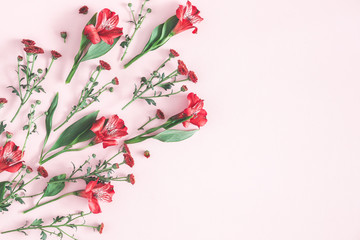 Flowers composition. Various red flowers on pastel pink background. Flat lay, top view, copy space