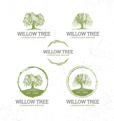 Willow Tree Landscape Design Creative Vector Nature Friendly Sign Concept. Sustainable Eco Illustration - obrazy, fototapety, plakaty