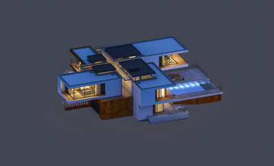 3d rendering of modern house at night isolated on gray.