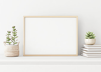 Home interior poster mock up with horizontal metal frame, succulents in basket and pile of books on white wall background. 3D rendering. - obrazy, fototapety, plakaty