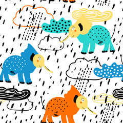 Childish seamless pattern of clouds and elephants. Background for poster, cover booklet, banner, surface design. Clouds like an elephant.