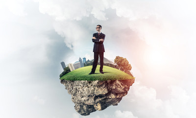 Confident boss and modern city as concept of eco green construct
