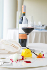 Elegant dessert served on restaurant table