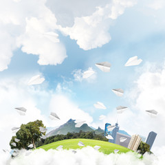 Concept of eco green life as elegant business center on white clouds