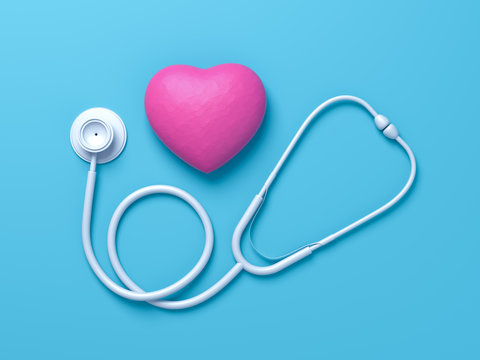 World health day, Healthcare and medical concept. Red heart with Stethoscope on Pastel blue table background. Creative minimal flat lay idea. 3d render