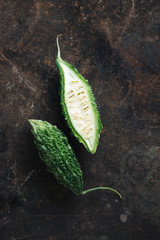 Wild Bitter Gourd, Bitter Cucumber, Bitter Gourd on rustic background