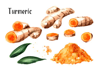 Turmeric root and powder set. Watercolor hand drawn illustration isolated on white background - obrazy, fototapety, plakaty