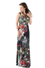 young beautiful woman in sundress with colorful flower pattern, full body portrait