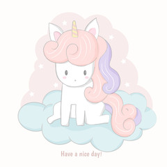 Cute unicorn cartoon sitting on the cloud.