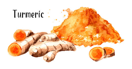 Turmeric root and powder. Watercolor hand drawn illustration isolated on white background