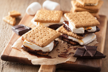 Fototapeta na wymiar homemade marshmallow s'mores with chocolate on crackers